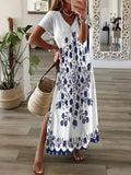 2022 New Casual Holiday Dress Summer Fashion Printed Short Sleeve Loose Dress Women Chic V-neck Split Long Skirt Dress