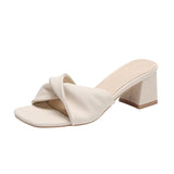 Designer Slippers Women Mules Shoes Fashion Lychee Pattern Open Toe Slides Ladies Brand Square Heel Mules Female