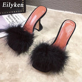 Woman Feather Transparent High heels Fur Slippers Sandals Women Peep toe Mules Lady Pumps Slides White size