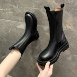 Women Botas Square Toe Platform Thick Heel Mid-Calf Boots Woman Fashion Slip-on Chelsea Booties Autumn Winter