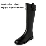 Med Heel Riding Boots Woman Real Leather Knee High Boots Zipper Thick Heel Buckle Female Shoes Autumn Winter Brown