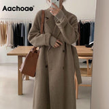 Women Elegant Office Long Wool Coat With Belt Long Sleeve Double Breasted Coat Overcoat Female Chic Outerwear