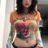 y2k Diamond Fairy Grunge Top Streetwear E-girl Floral Printed Slim Women Short Tees Retro Rhinestone Long Sleeve