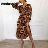 Leopard Dress 2021 Women Vintage Long Beach Dress Loose Long Sleeve V-neck A-line Sexy Party Dress Vestidos de