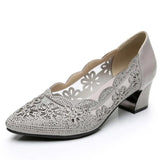 2021 Summer Fashion Hollow Out Genuine Leather Pumps Women Shoes Med Heels Square Heel Mesh Ladies Office Shoes