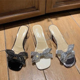 Open-toe Bow Buckle Slippers Women's Summer Transparent Sandals Square-heeled High-heeled Women's Shoes New