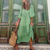 Summer Women New Fashion Casual Patchwork Printed Puff Sleeves Long Dress Elegant Slim V Neck Streetwear Elegant