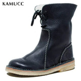 2022 Women Winter Mid Calf Boots Leather Snow Boots Lace Up Plush Fur Warm Slip-on Ladies Shoes Square Heel Short