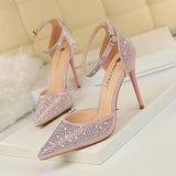 Breakj Korean Version Of Sweet High Heels With High Heel Shallow Pointed Hollow Out A Word With Shiny Rhinestone