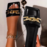 Slippers 2021 Summer Chain Style Square Head Slides Flat Heel Mule Shoes Woman Female Plus Size Outdoor Beach