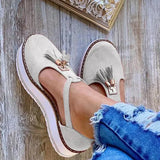Women Summer Sandals Fashion Buckle Strap Solid Fringe Cover Heel Flat Platform Heel Casual Ladies Plus Size