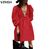Deep V Neck Dress Women Summer Sundress 2022 VONDA Vintage Lantern Sleeve Zipper Party Dress Casual