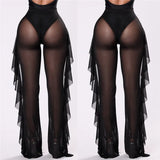 Beach Pants New Arrival Mesh Sheer Bikini Cover Up Transparent Ruffle High Waist Pants Long See Through Ladies
