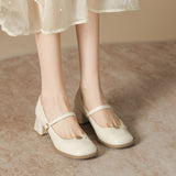 Breakj Mary Jane Shoes Female Camellia Thick Heel Single Shoes Hepburn Wind Professional Single Shoes Women's Word Buckle Square Head
