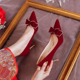 Stilettos Wedding Shoes Girls Autumn And Winter 2023 New French Bow Wine Red High-Heeled Shoes Toast Without