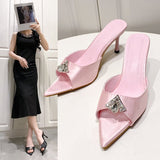 Breakj Summer New Pointed Toe Water Drill High Heel Sandals Thin Heel Color High Heel Half-Dragging