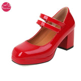 EDEELVEEYS Patent Leather Womens Chunky 7cm High Heel Hook Loop Ankle Strap Pumps Platform Lolita Vintage Dress Shoes Big