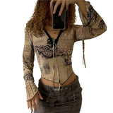 Khaki Vintage Print V Neck Flare Long Sleeve Y2K Tops Cute E Girl Fairy Grunge Aesthetic Graphic T Shirts for