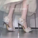 Lace Flower Single Shoes For Women With Pointy Heels In Spring And Summer 2023 Silver Super Fairy Wedding