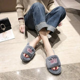 Breakj Winter New Korean Version Of The Crown Sequins One-Word Plush Warm Wool Slippers Flat Cotton Drag