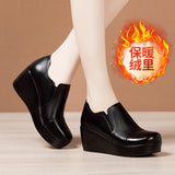 Heel Middle Heel Deep Mouth Single Shoes 2023 Autumn And Winter New Muffin Bottom Thick Bottom Waterproof Table Round Head Large Size Mother
