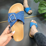 Sandals Fashion Metal Buckle Slippers 2021 New Female Chunky Shoes Women Flat Slip On Black PU Leather Platform