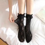 Lovely Girls Sweet Elastic Jacquard Ruffle Fishnet Black White Stockings Transparent Hollow New Lace Knee High 1