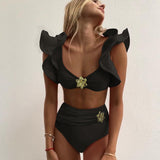 Solid-Color High-Waisted Bikini 2025 New Split Swimsuit Female Lotus Edge Bikini Export