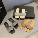 Breakj Version Of Stripe Flat Slippers Female Flat Slippers Square Head One Foot Pedal Home