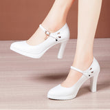 Model Catwalk High Heels, Pointed Black Professional Work Shoes, Large Size One-Word Buckle Soft Leather
