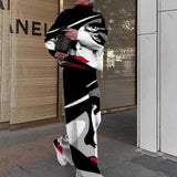 Ladies Long Sleeve Vintage Printed Outfits Fall Winter Women Two Piece Sets Elegant Turtleneck Pullover Top+Wide Leg Pants