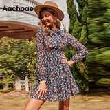 Women's Floral Dress Bow Tie Neck Vintage Pleated Dress See Through Sleeve Print Mini Dress Casual Sundress