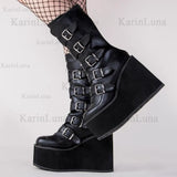 Design Gothic Boots INS Hot Great Quality Fashion Cool Motorcycle Boots Big Size 43 Wedges Heart Platform Mid-Calf