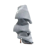 Breakj New High Heel Pointed Metal Rivet Jeans Splicing Two Wear Pile And Knee Boots Large Size Women's